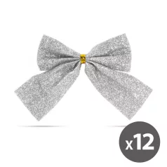   Karácsonyi dísz - glitteres masni szett - ezüst - 12 db / csomag