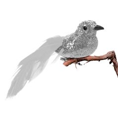   Karácsonyi dísz - csipeszes - glitteres madár - ezüst - 2 db / csomag