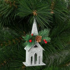   Karácsonyi glitteres templom akasztóval - 16 x 6,5 cm - ezüst