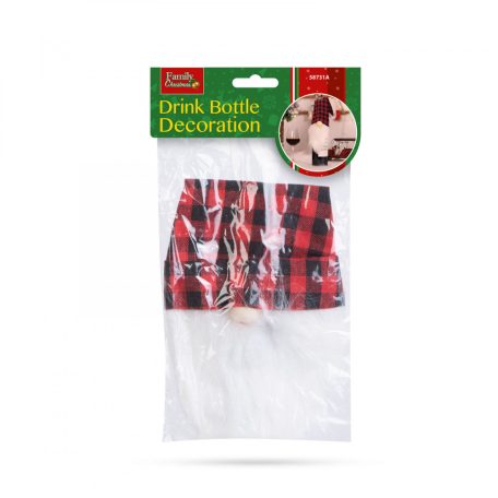 Karácsonyi italos üveg dekor - piros kockás manó - poliészter - 40 x 12 cm