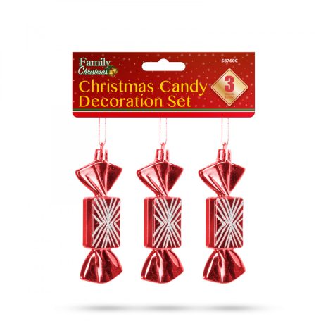 Karácsonyfadísz szett - szaloncukor - akasztóval - piros - 11 x 4 cm
