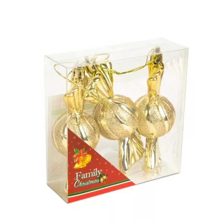 Karácsonyfadísz szett - szaloncukor - akasztóval - arany - 11 x 4 cm