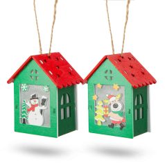   Karácsonyi LED dekor házikó - melegfehér - fa - 2 féle - 7,5 x 9,5 x 5,5 cm - 12 db / display