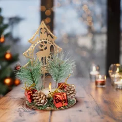   Adventi dekoráció - mécsestartóval - réz, fenyőfa - 8 x 13 cm