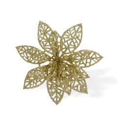   Karácsonyi dísz - csipeszes - glitteres virág - arany - 3 db / csomag