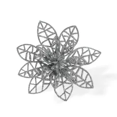   Karácsonyi dísz - csipeszes - glitteres virág - ezüst - 3 db / csomag