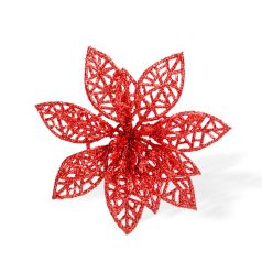   Karácsonyi dísz - csipeszes - glitteres virág - piros - 3 db / csomag