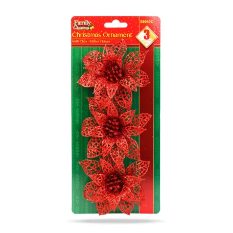 Karácsonyi dísz - csipeszes - glitteres virág - piros - 3 db / csomag