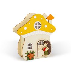   Világító dekoráció - gomba ház sünivel - 15 x 16 x 5 cm - fából
