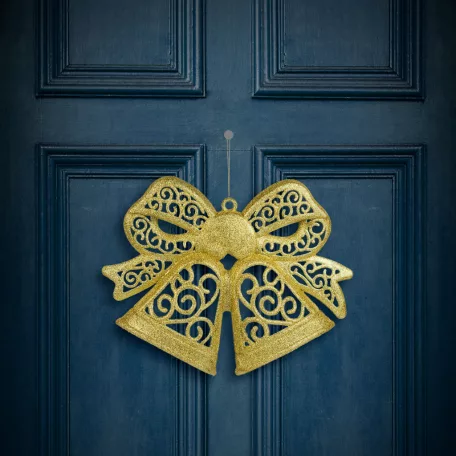 Karácsonyi dekoráció - masni - akasztható - glitteres arany - 35 cm