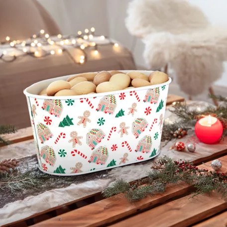 Karácsonyi fém kosár - házikó mintás - 19 x 11,5 x 9,5 cm