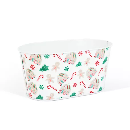 Karácsonyi fém kosár - házikó mintás - 19 x 11,5 x 9,5 cm