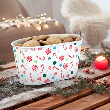 Karácsonyi fém kosár - cukorbot mintás - 19 x 11,5 x 9,5 cm