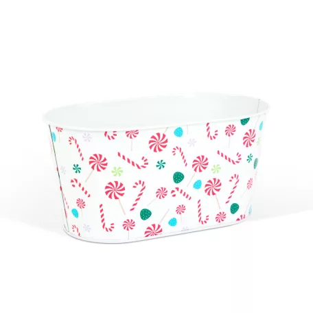 Karácsonyi fém kosár - cukorbot mintás - 19 x 11,5 x 9,5 cm