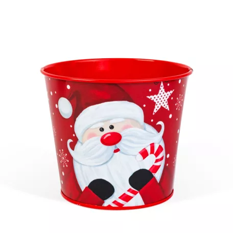 Karácsonyi dekoráció - fém kaspó, vödör - Mikulás - 13 x 11 cm