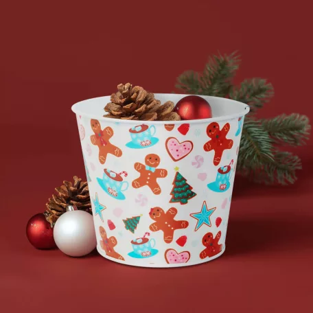 Karácsonyi dekoráció - fém kaspó, vödör - mézeskalács - 13 x 11 cm
