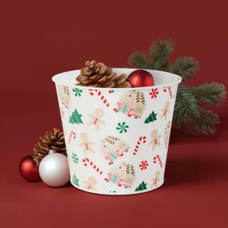 Karácsonyi dekoráció - fém kaspó, vödör - házikó - 13 x 11 cm