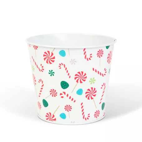 Karácsonyi dekoráció - fém kaspó, vödör - cukorbot - 13 x 11 cm