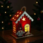 Karácsonyi LED-es dekoráció - házikó manóval - melegfehér LED, piros - 7,5 x 5 x 10 cm - 2 féle