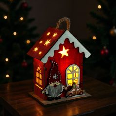   Karácsonyi LED-es dekoráció - házikó manóval - melegfehér LED, piros - 7,5 x 5 x 10 cm - 2 féle