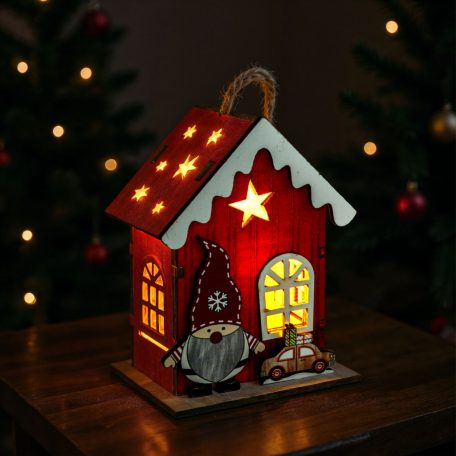 Karácsonyi LED-es dekoráció - házikó manóval - melegfehér LED, piros - 7,5 x 5 x 10 cm - 2 féle