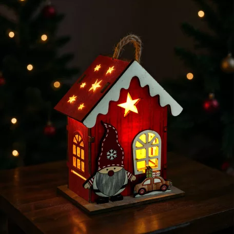 Karácsonyi LED-es dekoráció - házikó manóval - melegfehér LED, piros - 7,5 x 5 x 10 cm - 2 féle