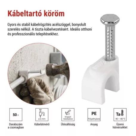 Kábeltartó bilincs 6 mm, fehér, 50 db