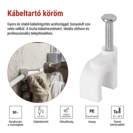 Kör alakú kábelbilincs 8 mm, fehér, 50 szt