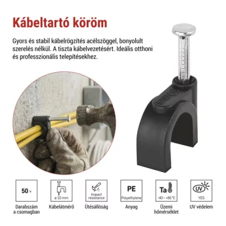 Kör alakú kábelbilincs 10 mm, fekete, 50 szt