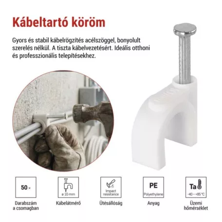 Kör alakú kábelbilincs 10 mm, fehér, 50 szt