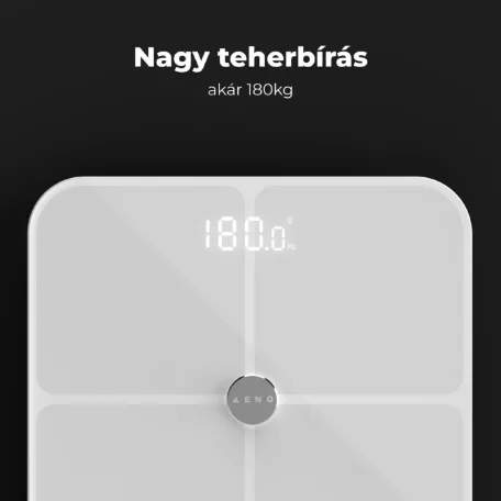AENO ABS0001S BS1S okos testmérleg, 15 féle mérőszám, LED kijelző, 180 kg-ig terhelhető, AENO app, 10+1 profil, ITO üveg