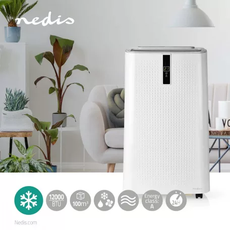 NEDIS Mobil klíma hordozható légkondicionáló,3,6kw-s Mobil Légkondicionáló beszerelő csomaggal, | 12000 BTU | 100 m³ | 3-sebességes | Távirányító | Automatikus kikapcsolás időzítő | Fehér