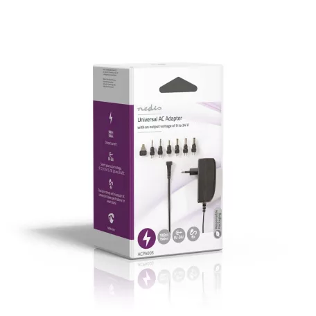 Univerzális hálózati adapter | 24 W | 9 - 24 V DC | 1.80 m | 1.0 A - 1.5 A A | 6 plug(s) | Fekete