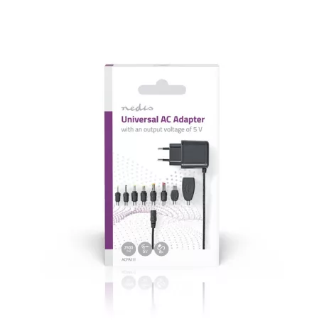 Univerzális hálózati adapter | 12.5 W | 5 V DC | 1.60 m | 2.5 A | 8 plug(s) | Fekete