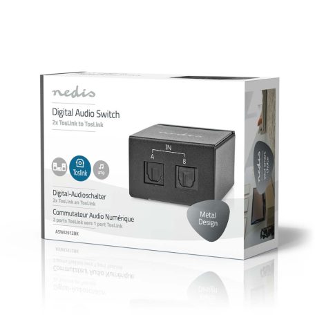 Digital Audio Switch | 2 irányú | Csatlakozó bemenet: DC táp / 2x TosLink | Csatlakozó kimenet: TosLink Aljzat | Kapcsoló (Switch) / Kézikönyv | Fém | Fekete