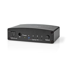   Digital Audio Switch | 4 utas | Csatlakozó bemenet: DC táp / 4x TosLink | Csatlakozó kimenet: TosLink Aljzat | Kézikönyv / Nyomó Gomb / Távvezérlő | Fém | Fekete