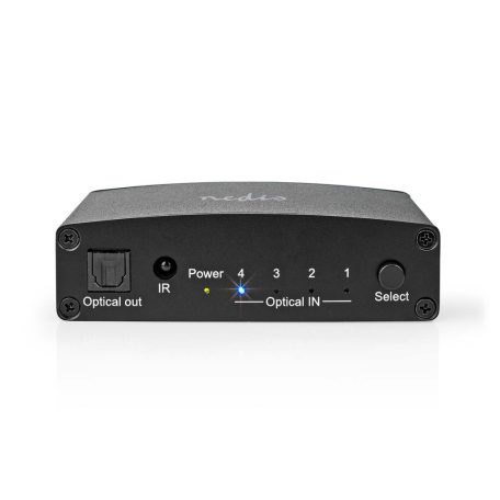 Digital Audio Switch | 4 utas | Csatlakozó bemenet: DC táp / 4x TosLink | Csatlakozó kimenet: TosLink Aljzat | Kézikönyv / Nyomó Gomb / Távvezérlő | Fém | Fekete