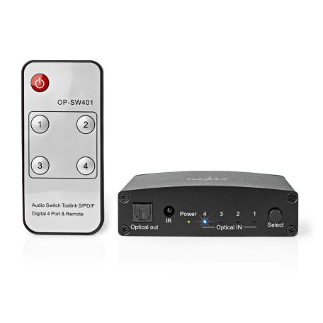 Digital Audio Switch | 4 utas | Csatlakozó bemenet: DC táp / 4x TosLink | Csatlakozó kimenet: TosLink Aljzat | Kézikönyv / Nyomó Gomb / Távvezérlő | Fém | Fekete