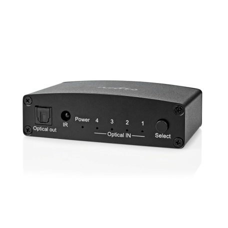 Digital Audio Switch | 4 utas | Csatlakozó bemenet: DC táp / 4x TosLink | Csatlakozó kimenet: TosLink Aljzat | Kézikönyv / Nyomó Gomb / Távvezérlő | Fém | Fekete