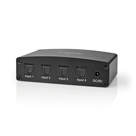 Digital Audio Switch | 4 utas | Csatlakozó bemenet: DC táp / 4x TosLink | Csatlakozó kimenet: TosLink Aljzat | Kézikönyv / Nyomó Gomb / Távvezérlő | Fém | Fekete