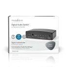 Digital Audio Switch | 4 utas | Csatlakozó bemenet: DC táp / 4x TosLink | Csatlakozó kimenet: TosLink Aljzat | Kézikönyv / Nyomó Gomb / Távvezérlő | Fém | Fekete