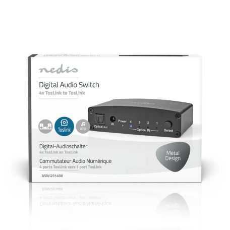 Digital Audio Switch | 4 utas | Csatlakozó bemenet: DC táp / 4x TosLink | Csatlakozó kimenet: TosLink Aljzat | Kézikönyv / Nyomó Gomb / Távvezérlő | Fém | Fekete