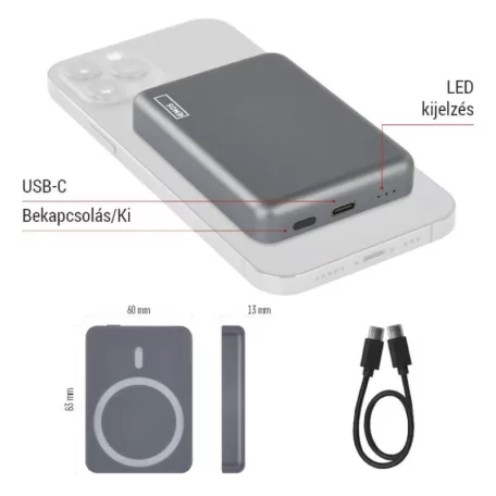 EMOS Powerbank WI 522, 5 000 mAh, 20 W+Wireless, szürke