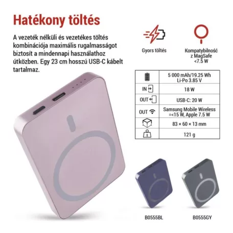 EMOS Powerbank WI 522, 5 000 mAh, 20 W+Wireless, lazac