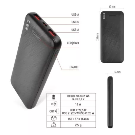 EMOS Powerbank AlphaQ3, 10 000 mAh, 22,5 W, fekete