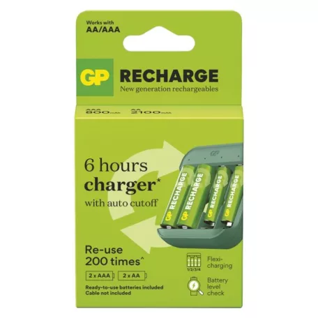 B423 akkumulátortöltő + 2× AA GP Recharge 2100 mAh + 2× AAA GP Recharge 800 mAh
