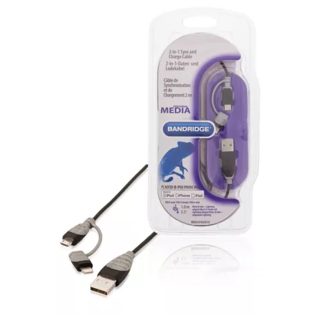 2 az 1-ben Szinkron és Töltő Kábel USB A Dugó - Micro B Dugasz 1.00 m Fekete + Lightning-Adapter