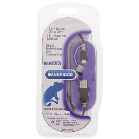 2 az 1-ben Szinkron és Töltő Kábel USB A Dugó - Micro B Dugasz 1.00 m Fekete + Lightning-Adapter