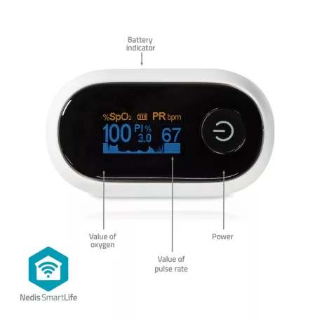 SmartLife Pulzoksziméter | Bluetooth | OLED Kijelző | Auditív riasztás / Mozgásgátló interferencia / Nagy pontosságú érzékelő / Oxigéntelítettség (SpO2) / Perfúziós index / Pulzusszám | Fehér