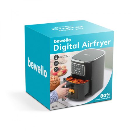 Bewello XXL Digitális forrólevegős fritőz Olaj nélküli fritőz - 220-240 V - 1450W - 5 L - érintőgombos -